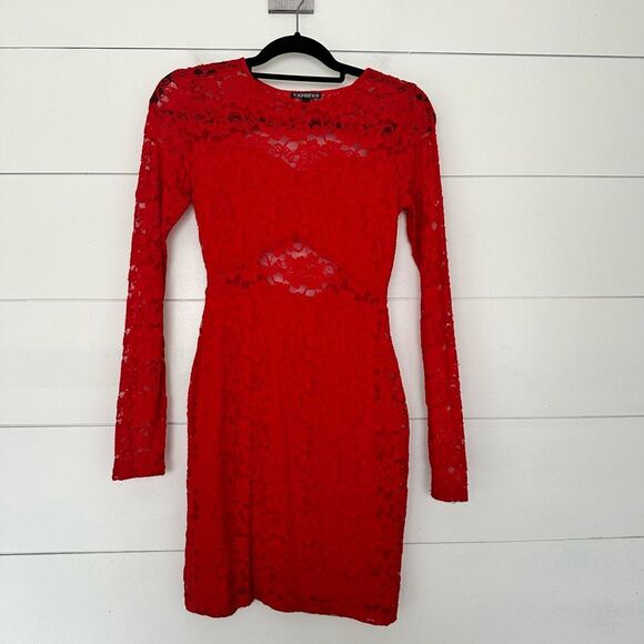 Express Women’s Extra Small Red Lace Sweetheart Mini Longsleeve Dress - Picture 1 of 5